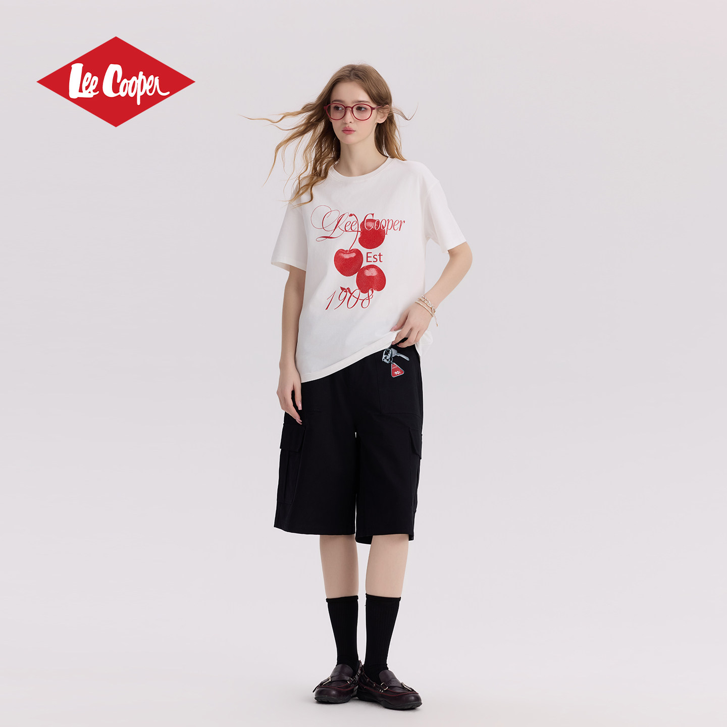 13532491.Lee Cooper短袖T恤樱桃印花宽松百搭女生休闲夏季新款通勤时尚