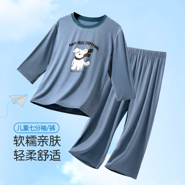 13527296.【轻柔透气】儿童睡衣套装男童女童七分袖空调服夏款凉爽家居服