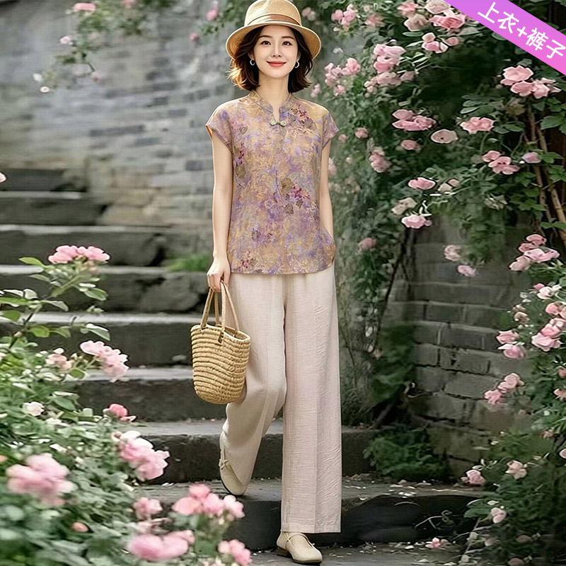 13527542.妈妈装夏季复古时尚衬衫+裤子两件套装QXYS710
