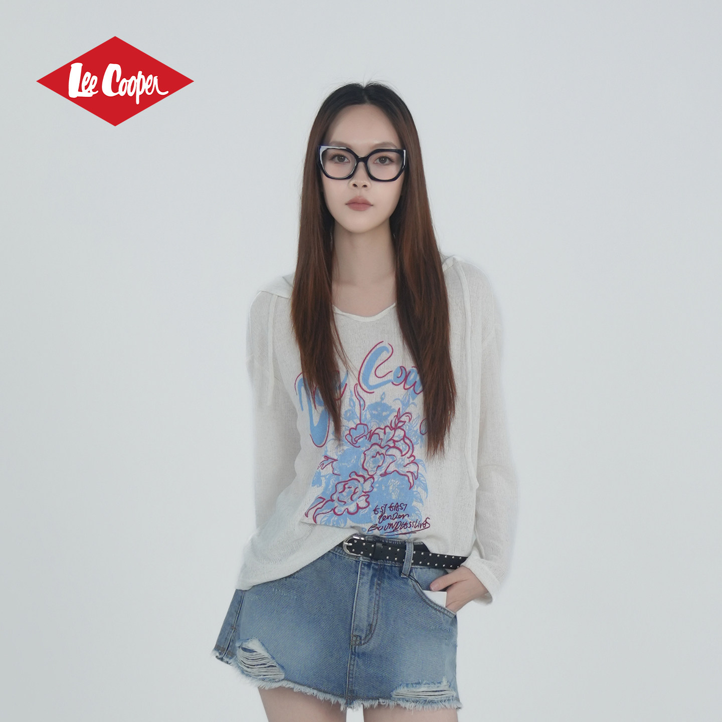 13533164.Lee Cooper花卉印花连帽长袖T恤透气百搭罩衫春夏季新款女生宽松