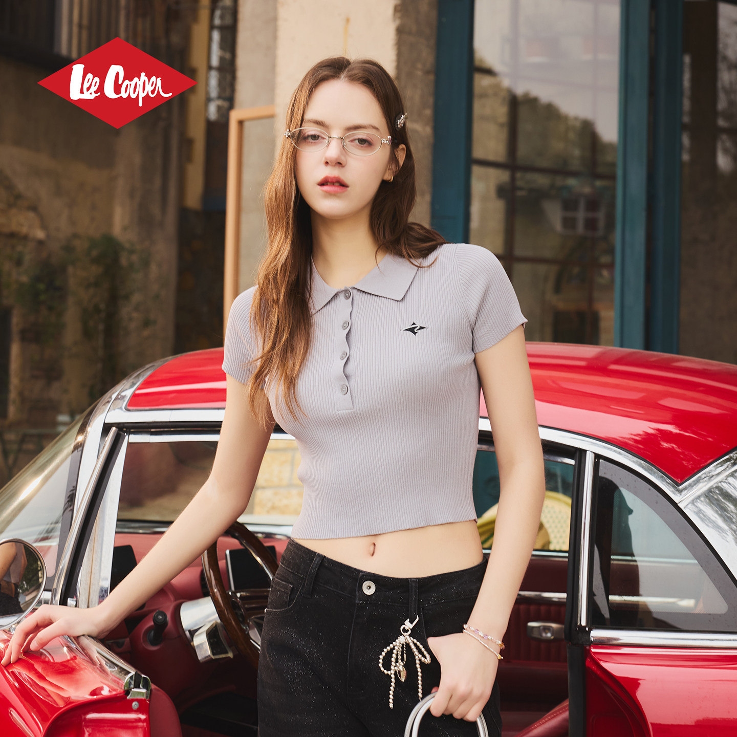 13532418.Lee CooperPolo针织衫简约刺绣短袖夏季新款女生修身显瘦短款百搭