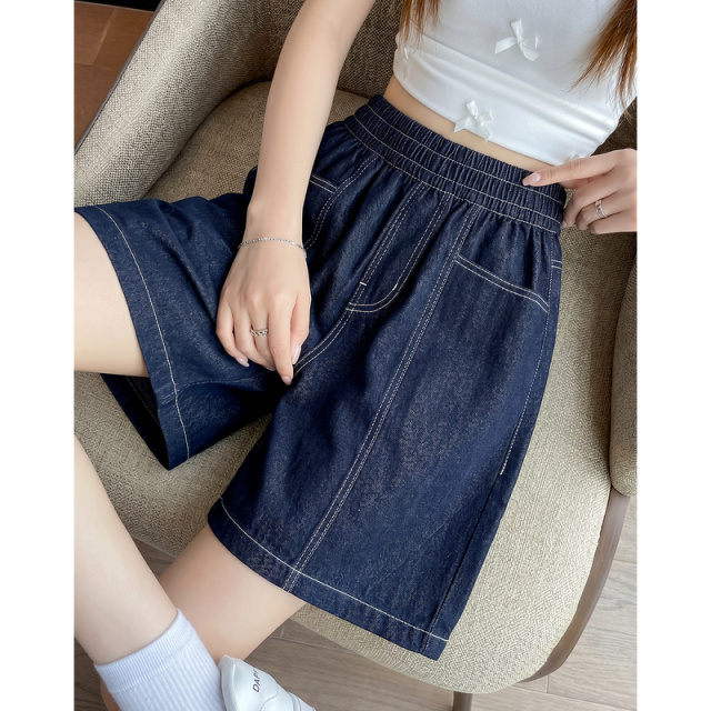 13527603.【水洗云氧棉】夏季韩系明线水洗阔腿松紧腰显瘦小个子女牛仔短裤