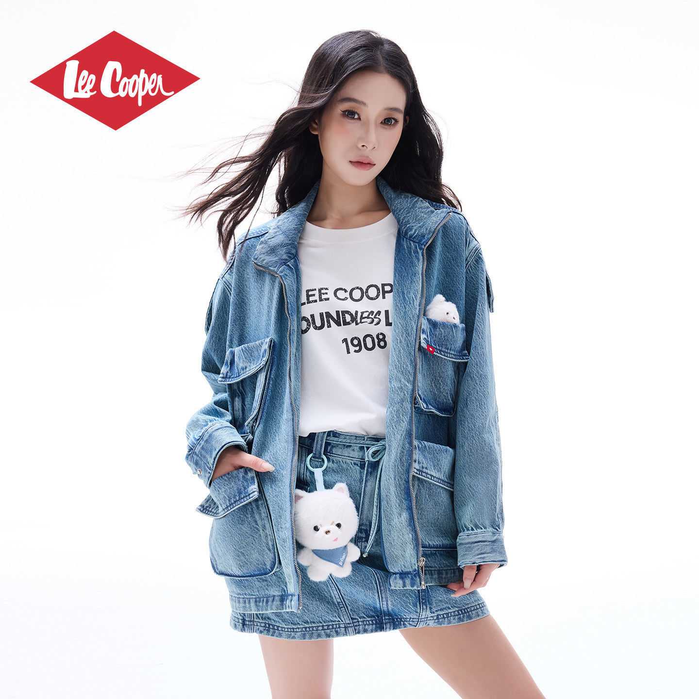 13532640.Lee Cooper女装立领牛仔夹克春季多口袋时尚潮流工装百搭宽松外套