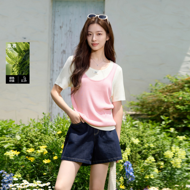 13525368.【莱赛尔亚麻】三彩若潮大码女装2026夏季新款假两件针织衫微胖MM