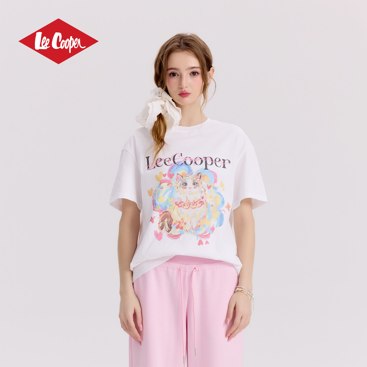 13532939.Lee Cooper短袖T恤圆领百搭夏季新款女生猫咪印花宽松刺绣休闲
