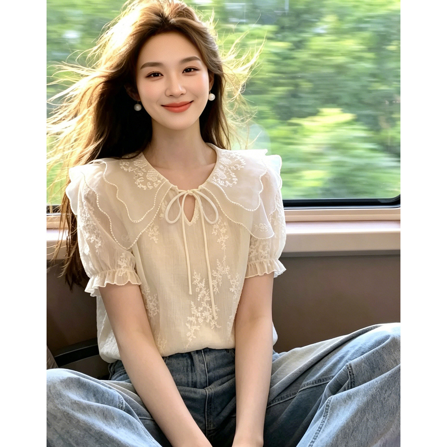 13529470.【方寸温柔】夏季甜美淑女刺绣系带花边领泡泡袖肌理感显瘦女衬衫