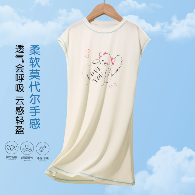 13527301.【甜美风薄款睡裙】女童爱心小猫轻柔短袖家居服可外穿春夏睡衣