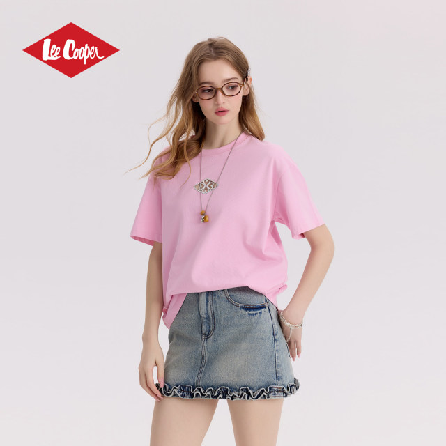 13531693.Lee Cooper粉色短袖T恤女宽松刺绣上衣夏季百搭