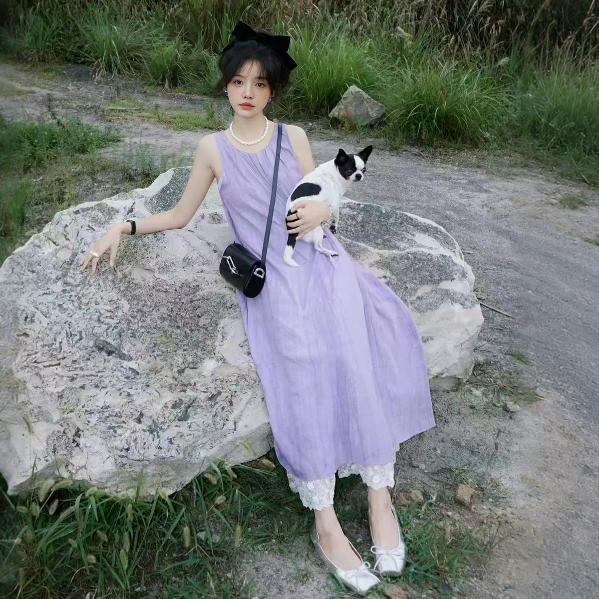 13529730.【含云氧棉】夏季甜美风蕾丝拼接娃娃裙圆领无袖A字大摆女连衣裙