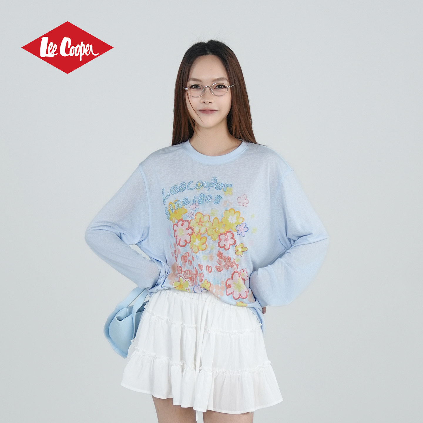 13532754.Lee Cooper长袖T恤花朵闪粉印花宽松圆领女生防晒春夏季新款上衣