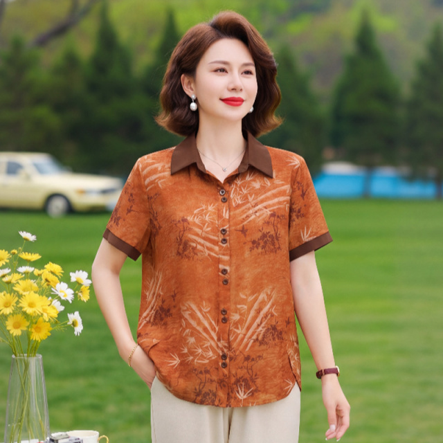 13527547.妈妈装翻领拼色时尚短袖衬衫Q6EMZX3638