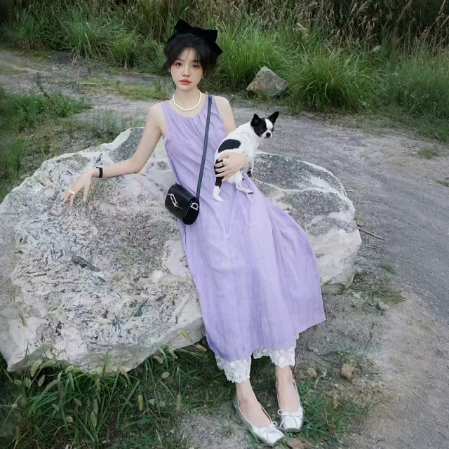 13529730.【含云氧棉】夏季甜美风蕾丝拼接娃娃裙圆领无袖A字大摆女连衣裙