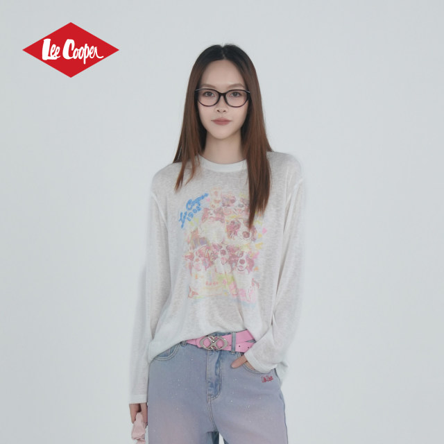 13532749.Lee Cooper水彩狗狗印花长袖T恤宽松百搭春夏新款休闲舒适透气女