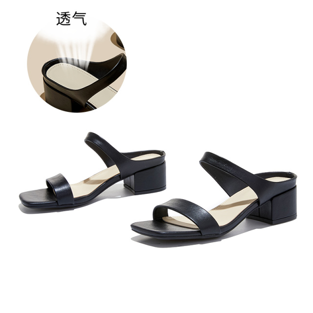 13527491.墨斯本方头粗跟露趾法式拖鞋女款新款时尚轻便透气舒适百搭休闲女式拖鞋12712