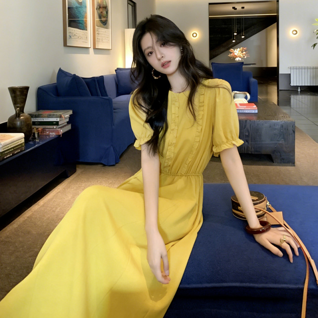 13529766.【含亚麻莱赛尔】夏季法式度假风木耳边圆领收腰A字显瘦女连衣裙