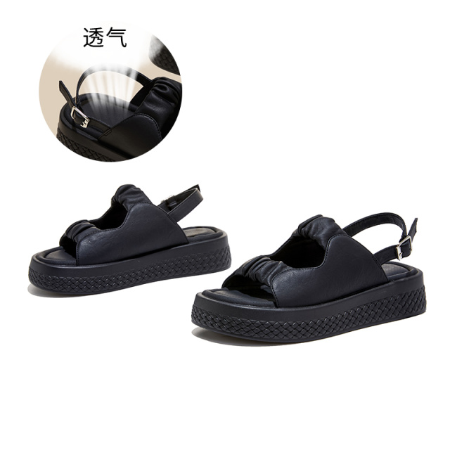 13527497.墨斯本厚底圆头搭扣凉鞋女款新款法式时尚轻便透气百搭休闲女式凉鞋12785