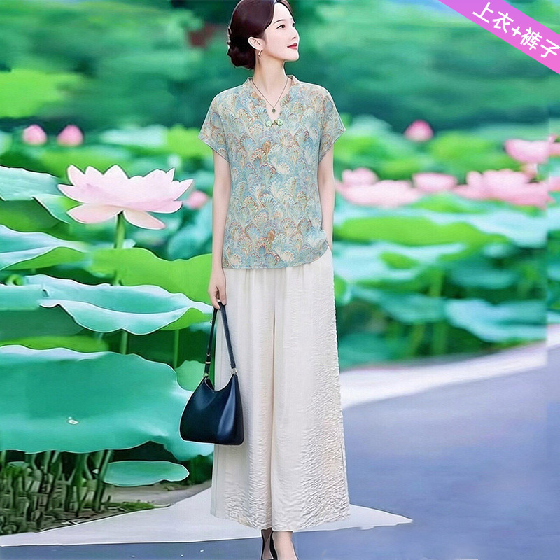 13527549.妈妈装中式印花短袖上衣+裤子两件套装QALM2656