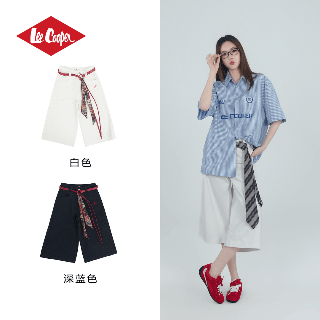 13532577.Lee Cooper牛仔裤丝巾腰带阔腿七分裤宽松夏季新款纯棉舒适亲肤女