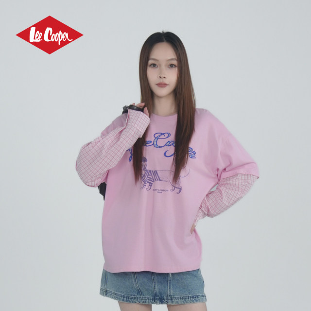 13533104.Lee Cooper格纹拼接印花假两件长袖T恤圆领女春秋季新款百搭休闲