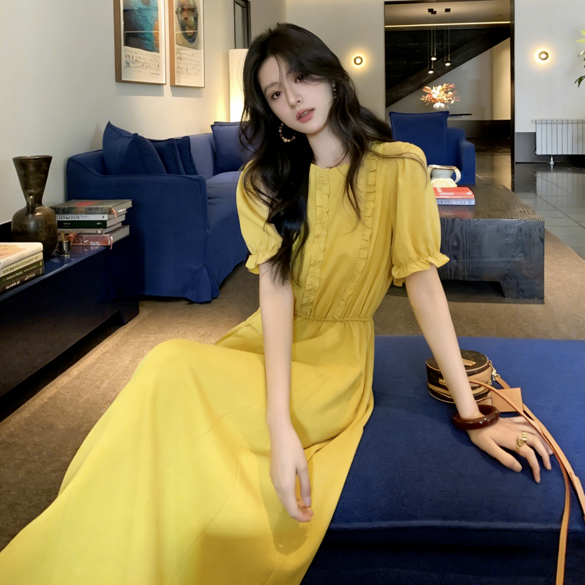 13529766.【含亚麻莱赛尔】夏季法式度假风木耳边圆领收腰A字显瘦女连衣裙
