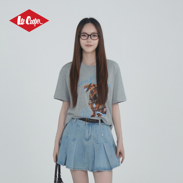 13529318.Lee Cooper腊肠狗贴纸印花T恤圆领宽松短袖上衣夏季新款女生百搭