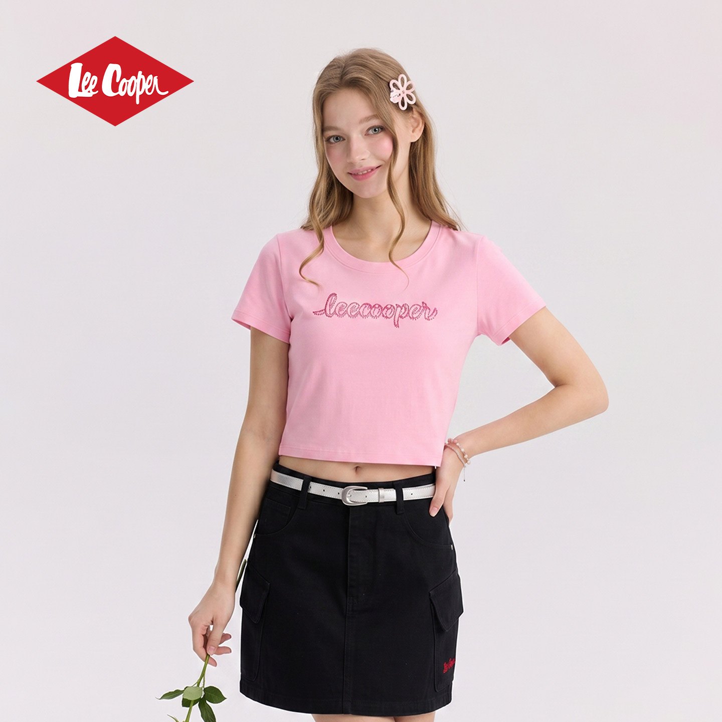 13533033.Lee Cooper短袖T恤粉色女生夏季新款百搭修身显瘦辣妹短款上衣