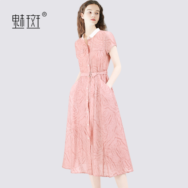 13531885.魅斑粉色衬衫连衣裙A字裙