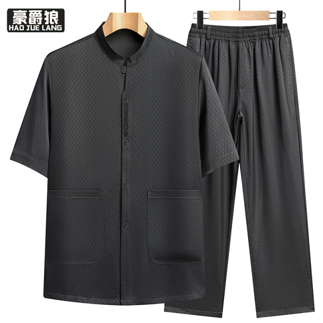 13534228.新款中老年男士短袖衬衫套装夏季薄款宽松立领休闲装爸爸装