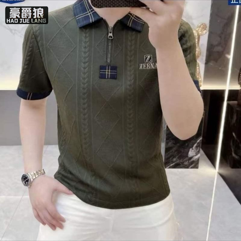 13534302.男士夏季时尚帅气刺绣款老钱风轻奢翻领Polo衫透气休闲t恤衫