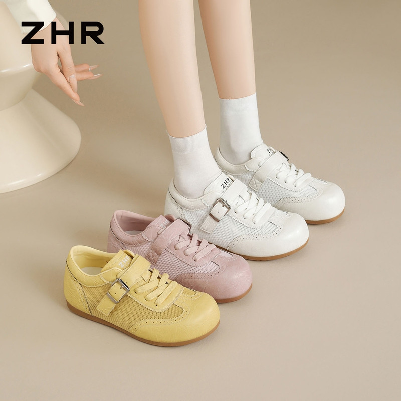 13676761.【ZHR则则】薄底德训鞋圆头搭扣平底女鞋[猪皮软垫]