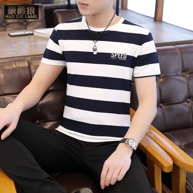 13534238.夏季纯棉t恤衫圆领短袖T恤男休闲时尚轻奢透气条纹高级感男士体恤