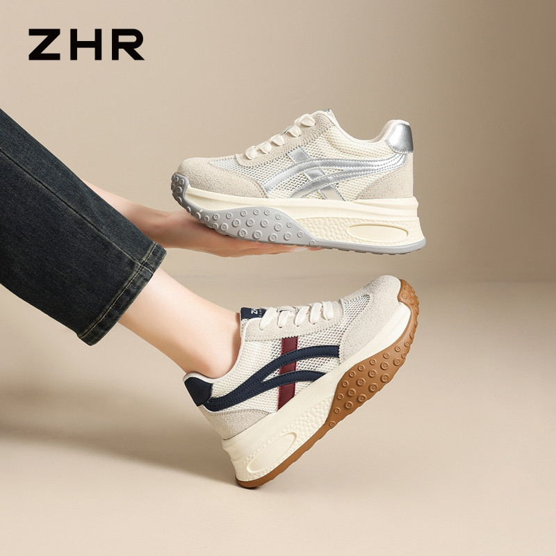 13531312.【ZHR则则】内增高阿甘鞋圆头系带厚底女鞋[米银：网布+超纤+仿牛绒；米蓝：网布+仿超纤+仿牛绒]