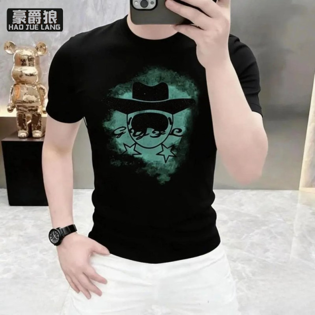 13534286.男士夏季短袖潮流休闲轻奢个性时尚印花烫钻帅气百搭圆领T恤短袖