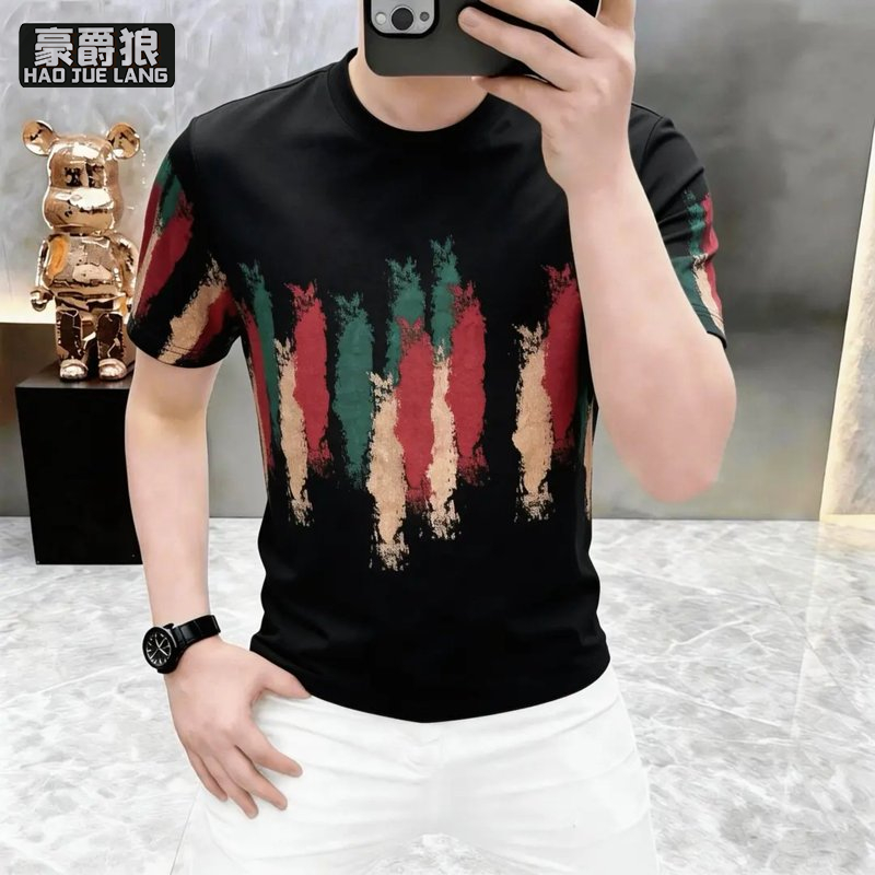 13534320.高品质彩色条纹短袖t恤男夏季舒适新款潮流修身半袖男士圆领体恤