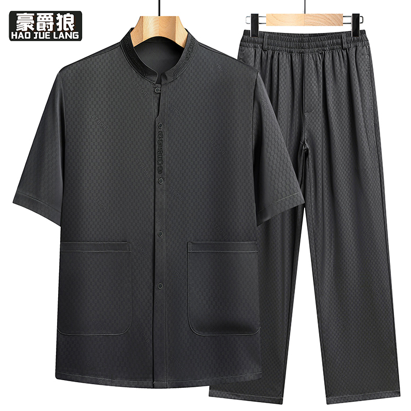 13534228.新款中老年男士短袖衬衫套装夏季薄款宽松立领休闲装爸爸装