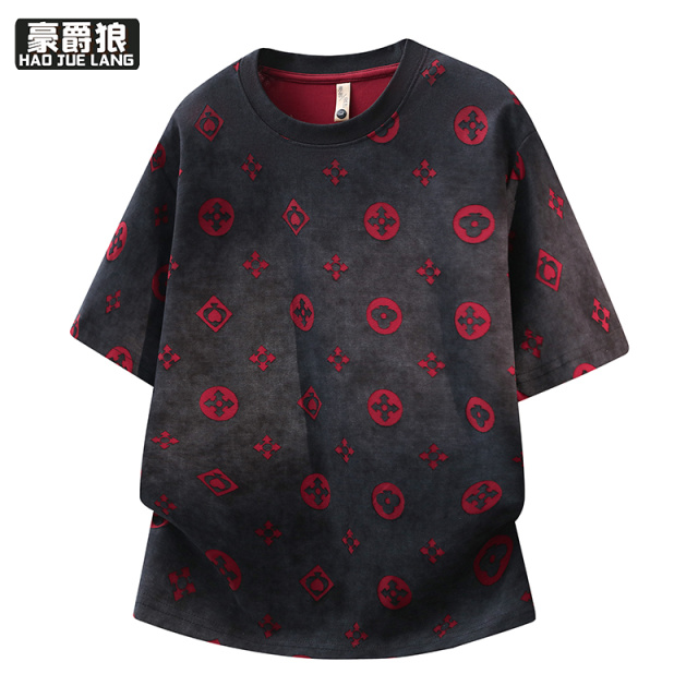 13534264.夏季新款男士圆领短袖t恤轻奢时尚潮流印花休闲百搭潮牌半袖上衣