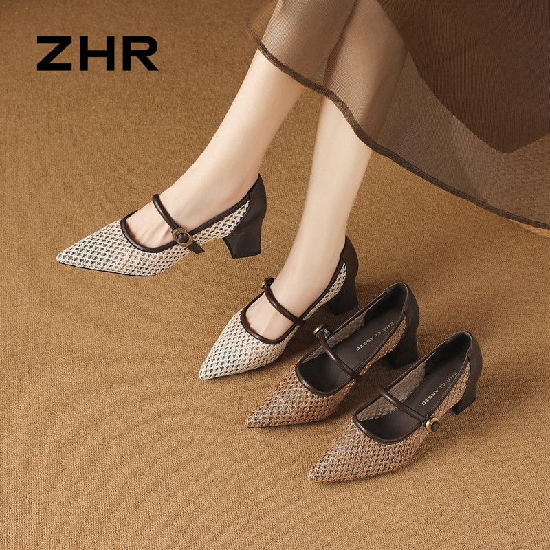 13531340.【ZHR则则】粗跟玛丽珍鞋尖头套脚粗跟女鞋[PU+网纱]