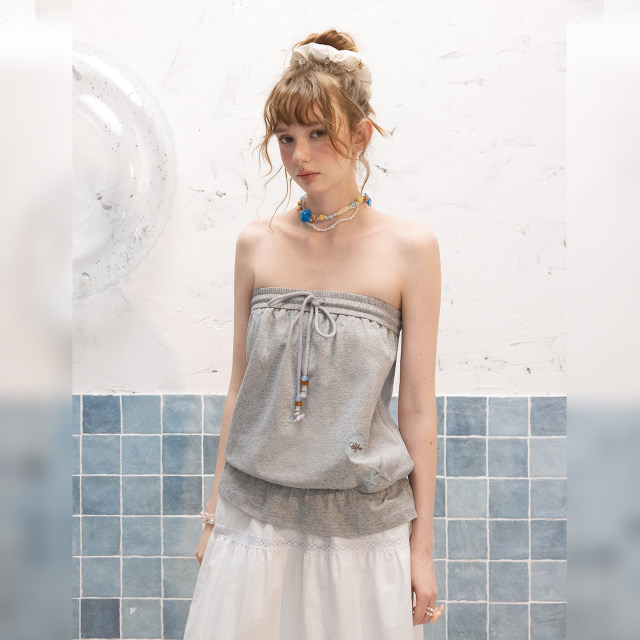 13630903.UNIFREE海洋印花抹胸背心女蝴蝶结系带宽松韩系外穿露肩性感上衣