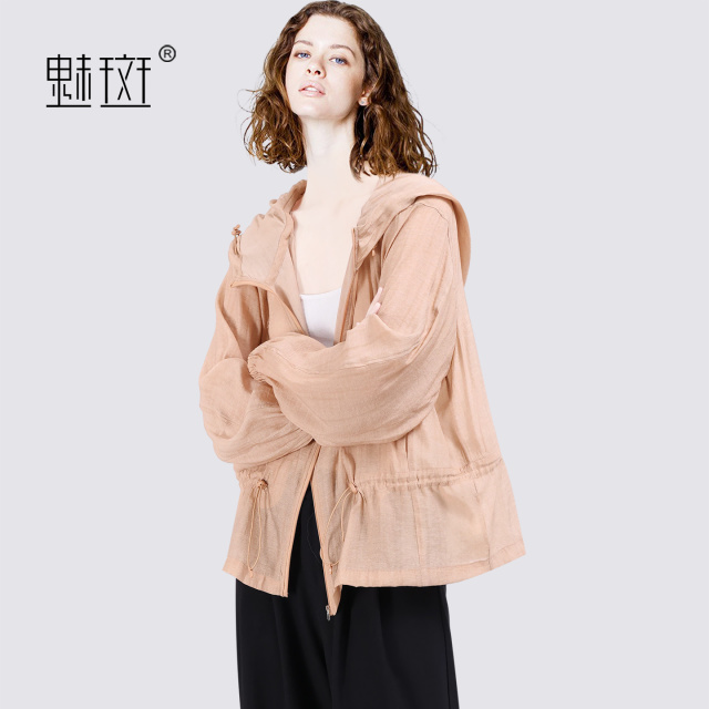 13531886.魅斑粉色抽绳收腰连帽长袖短外套开衫