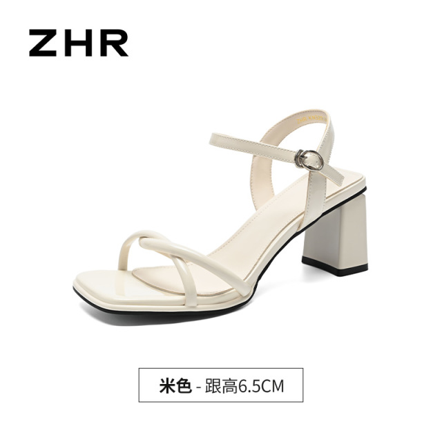 13531332.【ZHR则则】粗跟凉鞋露趾搭扣粗跟女鞋[镜面PU]