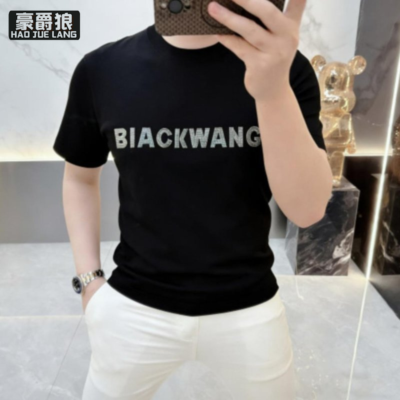 13534327.高端品质欧货高档夏季冰丝棉短袖T恤圆领印花男士休闲潮流体恤衫