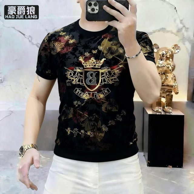 13534319.夏季欧货爆款烧花植绒3D亮片烫花短袖潮流时尚休闲冰丝薄款T恤男