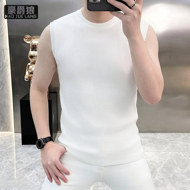 13534242.夏季时尚新款薄款针织无袖背心男士修身纯色简约百搭舒适凉感T恤