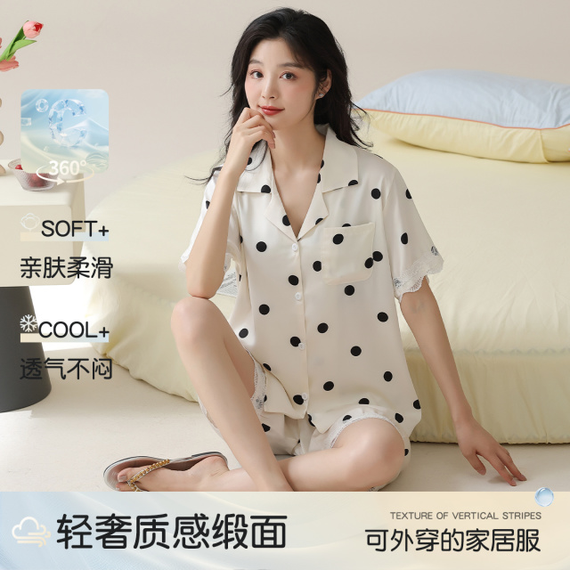 13533914.【波点蕾丝】猫人女款短袖开衫家居套装(M波点蕾丝开衫套)