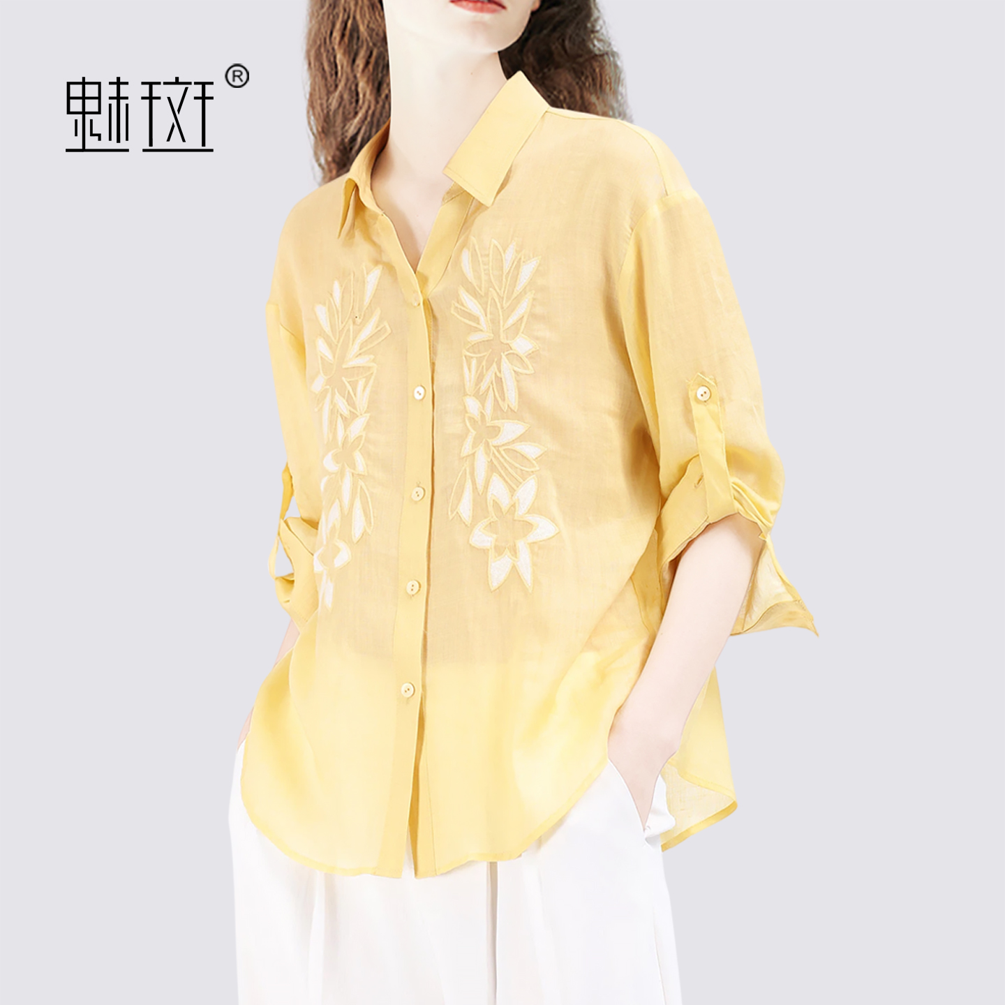 13531872.魅斑重工刺绣七分袖苎麻天丝衬衫衬衣