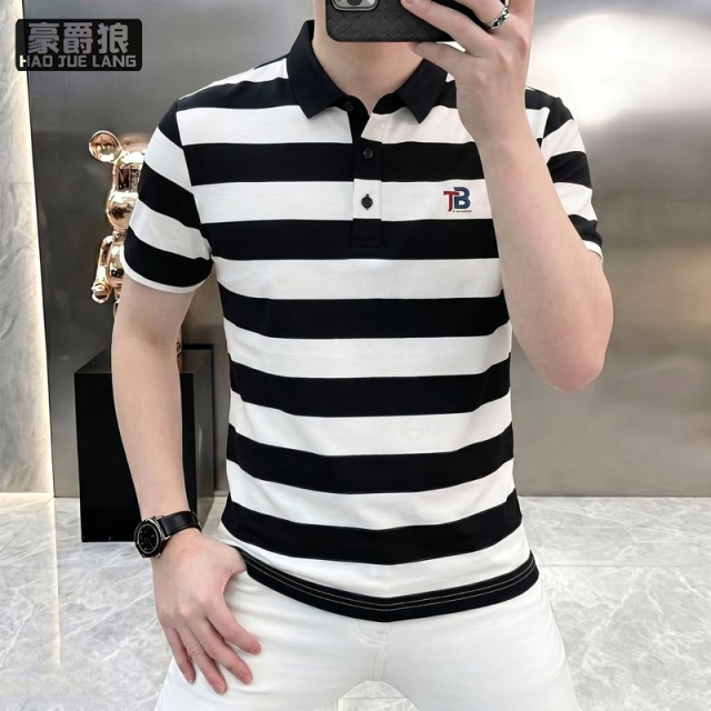 13534251.高档拼色条纹短袖T恤Polo衫男士夏季时尚百搭半袖T恤男装