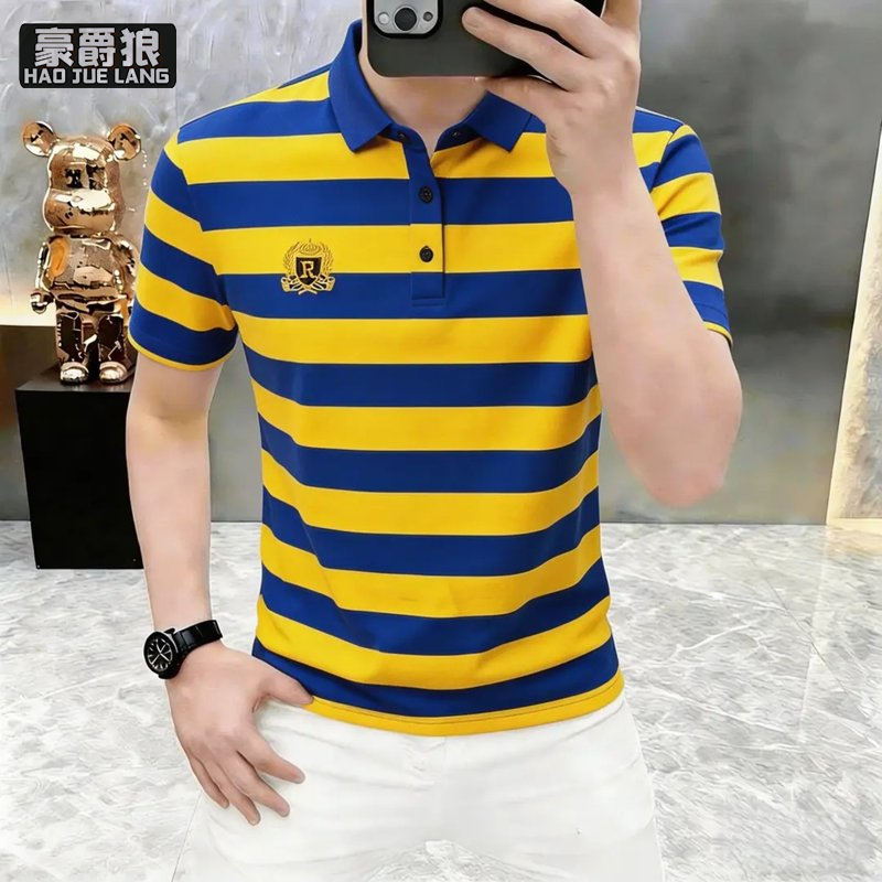 13534274.新款夏季纯棉条纹短袖POLO衫男高端潮牌修身休闲青年刺绣上衣T恤