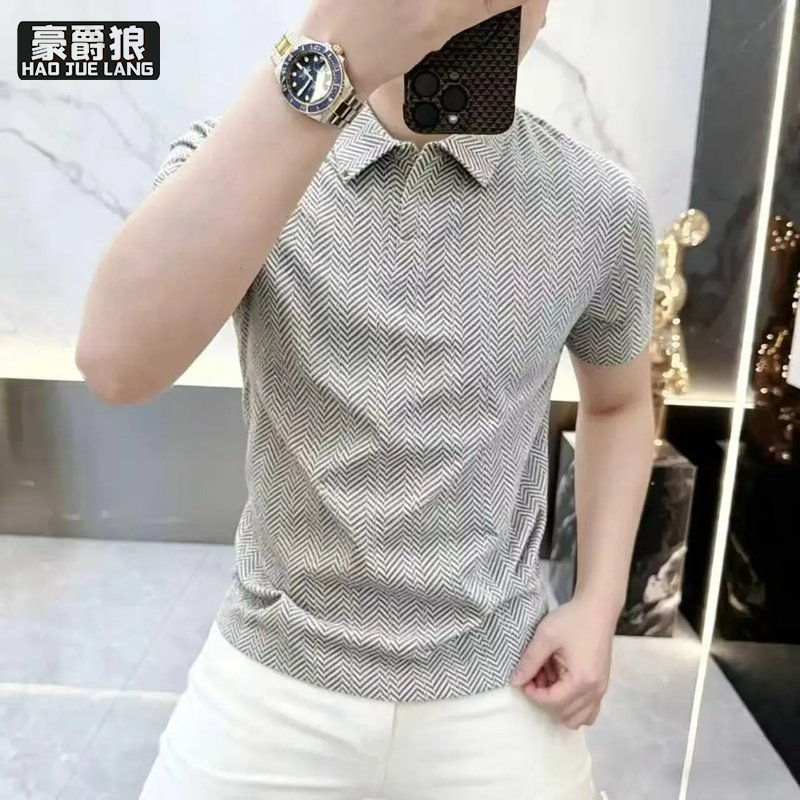 13534282.老钱风麦穗纹质感正肩polo衫短袖男夏季成熟稳重宽肩收腰修身t恤