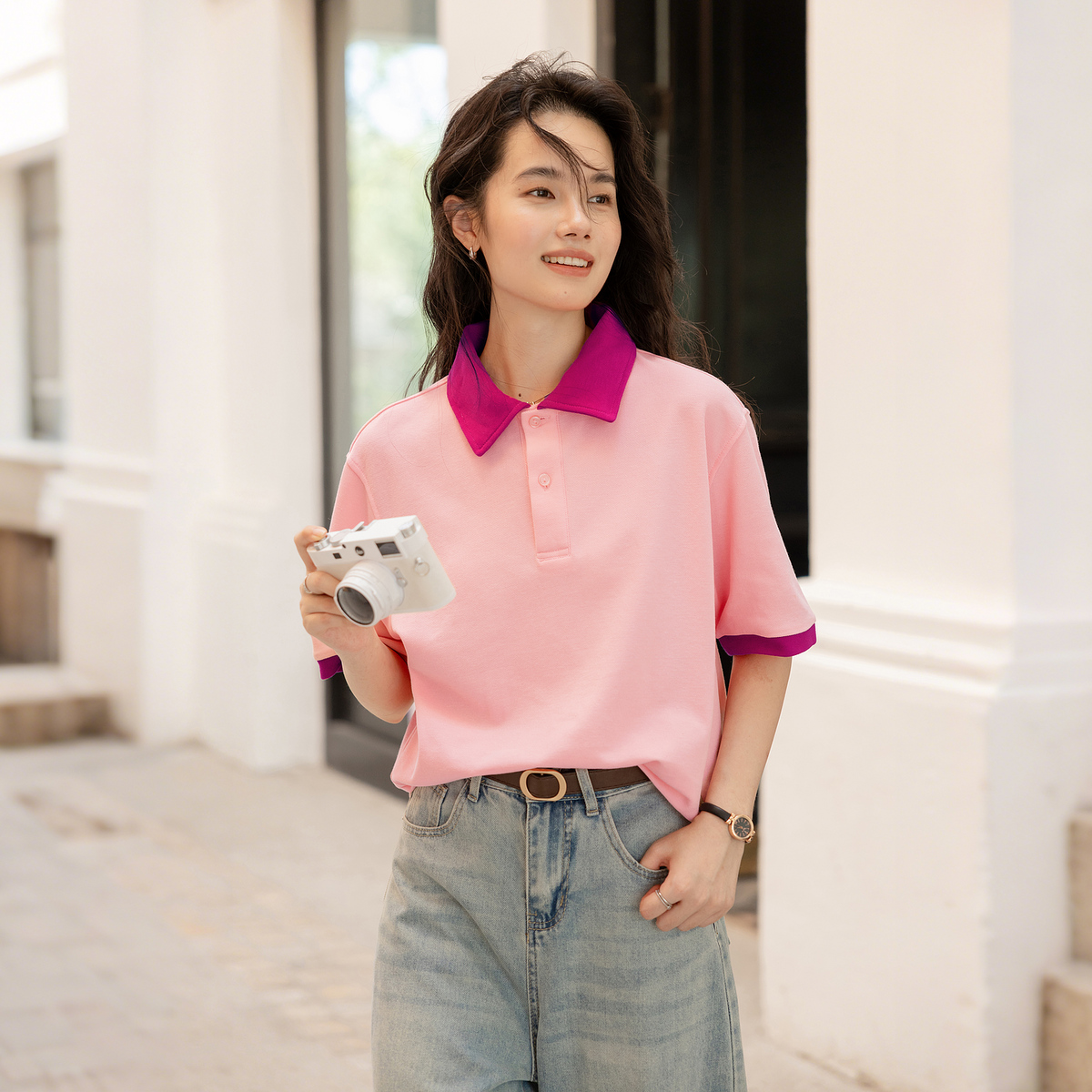 13530808.瑞品集团JEANS【少女遐想】夏季多巴胺云朵棉撞色拼接polo领短袖女式t恤