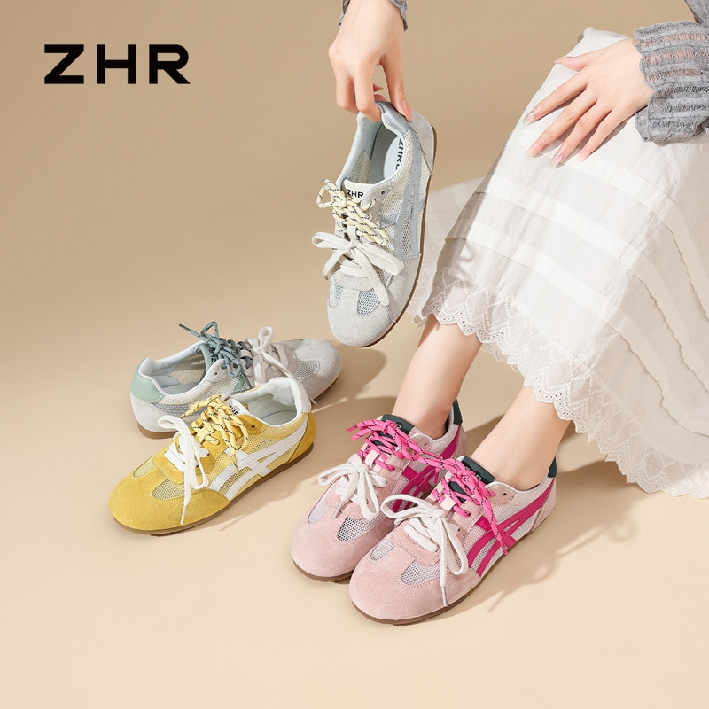 13530837.【ZHR则则】薄底德训鞋圆头系带平底女鞋[网布+头层猪皮+PU]